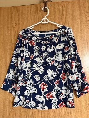 Ivanka Trump Navy Floral Boatneck Blouse with Red & White Accents